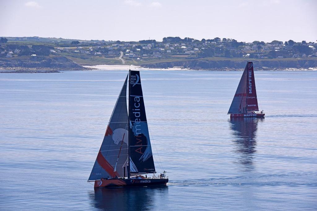 June 17 2015 Volvo Ocean Race Leg 9 Lorient to Gothenburg via The Hague. <br />
Boats close to Ushant NW Brittany France by the town of Le Conquet © Rick Tomlinson/Volvo Ocean Race http://www.volvooceanrace.com