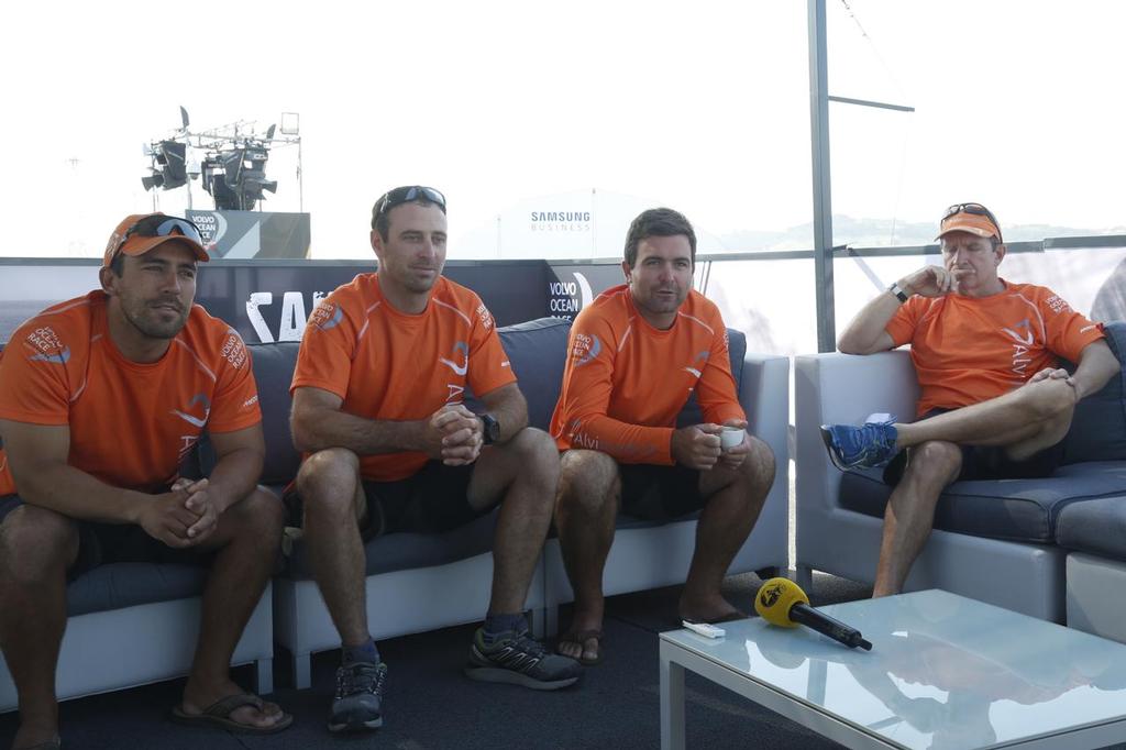 Mark Towill, Sebastien Marsset, Charlie Enright and Will Oxley - Team Alvimedica media session ahead of the Lisbon Practice Race © Eugenia Bakunova http://www.mainsail.ru