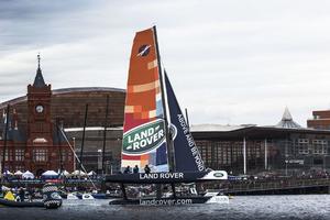 Act 5, Cardiff 2014 - Day Three - The Land Rover Extreme 40 fly a hull ahead of Cardiff's Pierhead Building in Wales - 2015 Extreme Sailing Series™ photo copyright Lloyd Images taken at  and featuring the  class