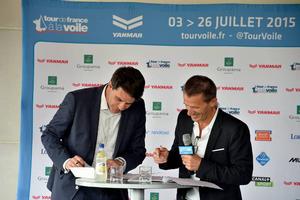 Tour de France à la Voile 2015 - Conférence de presse - 28/05/2015 - Parc Nautique de l’île de Monsieur - Sèvres - France - M Reynaud Président de Yanmar Construction Equipment Europe S.A.S. et Vice-Président de Yanmar Construction Equipment Co. Ltd. - Yann Le Moënner, Directeur Général d’A.S.O / - Yann Le Moënner, Managing Director of A.S.O - Tour de France à la Voile 2015 photo copyright ASO/P.Perreve taken at  and featuring the  class