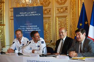 Michel Desjoyeaux, Franck Cammas, Jean-Yves Le Drian Minister of Defence and Patrick Kanner Minister for Cities, Youth and Sports photo copyright Yvan Zedda / Groupama sailing team taken at  and featuring the  class