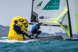 Jensen and Outteridge on day one - 2015 ISAF Sailing WC Weymouth and Portland photo copyright Australian Sailing Team / Beau Outteridge taken at  and featuring the  class