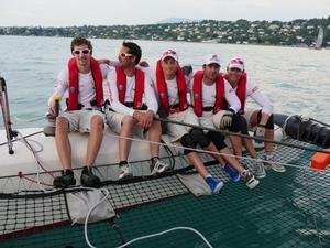 L’équipage vainqueur (de gauche à droite) : Antoine Lauriot-Prevost, Christophe Peclard, Rodolphe Gautier, Fabian Racloz, Yves Guntern. Absent sur la photo : Fabien Froesch. - Genève-Rolle-Genève 2015 photo copyright MaxComm Communication taken at  and featuring the  class