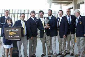 LBYC skipper Dustin Durant poses with his team after winning the 2015 San Francisco Perpetual Challenge Cup match race. He is joined by LBYC flag officers (1-r) Junior Staff Commodore David Stotler, Port Captain Camille Daniels. Rear Commodore David Westerfield and (on extreme right) Fleet Captain Bill Durant. photo copyright Rick Roberts  taken at  and featuring the  class