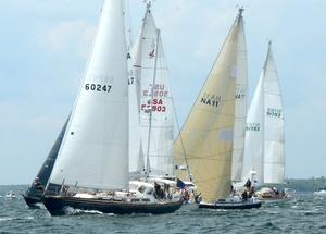 'Swift' the US Naval Academy 44 (NA11) took home a treasure trove of prizes . They were first in Class B, won the Offshore Youth Challenge Trophy, the Bartram Trophy (for Academy, Maritime College boat), Naval Academy Trophy (for top Chesapeake Bay boat). the Kingman Yacht Center Marion Bermuda Team Trophy (for a team of Three Yachts). the other two Navy 44's 'Defiance' and 'Integrity' were 2nd and 3rd in Class B and shared the team trophy. - 2015 Marion Bermuda Race photo copyright Talbot Wilson taken at  and featuring the  class