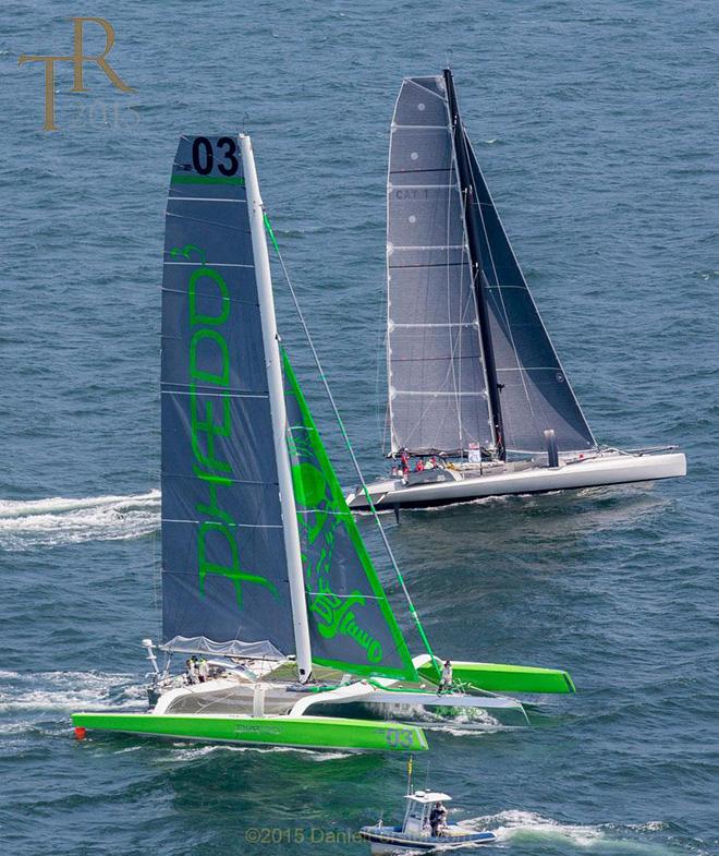 Lloyd Thornburg's Phaedo3 and Peter Aschenbrenner's Paradox start the Transatlantic Race 2015. © Daniel Forster / NYYC