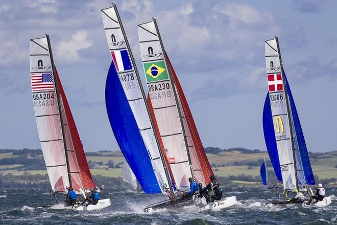 Fleet in action in Aarhus, Denmark - 2015 Nacra 17 World Championship © Mogens Hansen