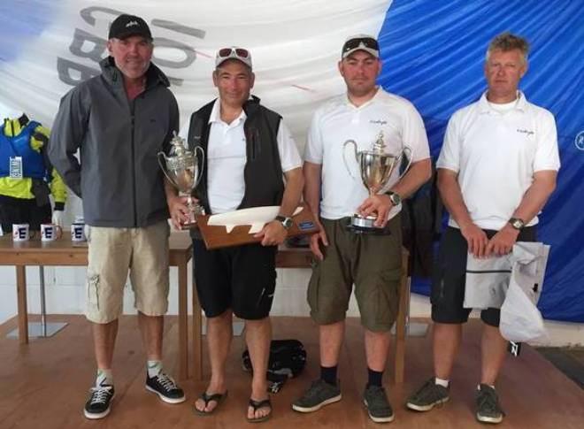 Left to right…Andrew Palfrey presented prizes to Shaun Frohlich, Duncan Truswell and David Bedford overall Winners - 2015 British Etchells National and Open Championship &copy; Rob Goddard