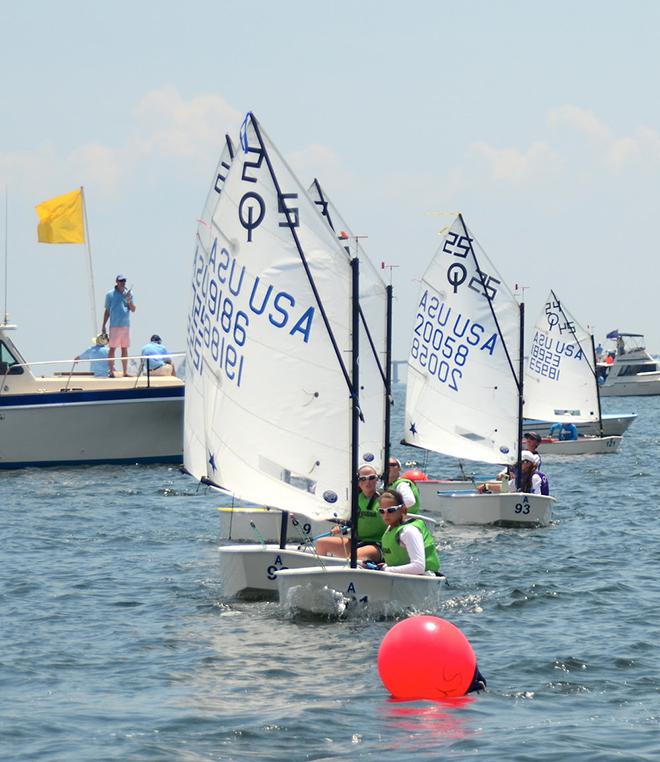 Team Colie Elite Racing Team (#2) CERT in the lime pinnys has great placement with boats in 1-2-3 at the bottom reaching mark in their race against Team MANTEO (#25). CERT made the top four cut to lead the way into the GOLD round robin with hopes of a National Championship. Day 2 of the USODA Team Race Nationals in Pensacola, Florida. © Talbot Wilson