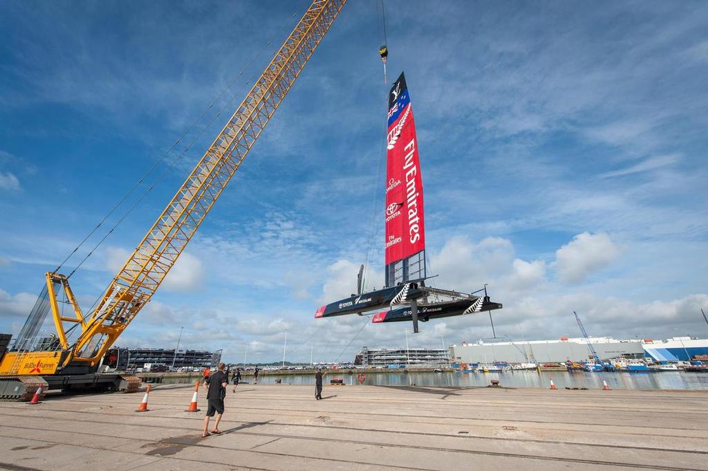 Emirates Team NZ in the crane ready for launch ©  Shaun Roster