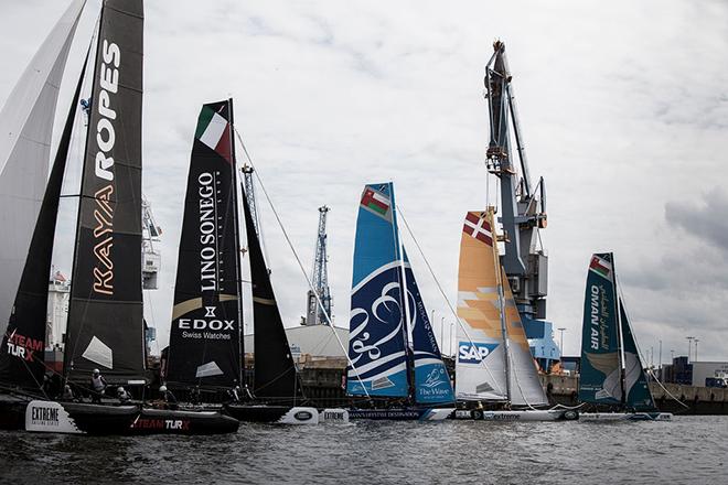 The fleet line up to start on the River Elbe in Hamburg - Extreme Sailing Series™ Act Five © Matt Knighton/Softbank Team Japan http://www.americascup.com