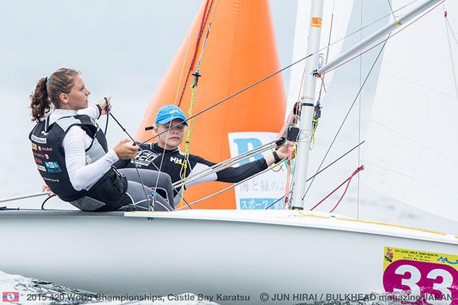 Sofia Giondi/Giulia Gatta (ITA) on tiebreak at front of 420 Ladies fleet  © Jun Hirai / BULKHEAD Magazine