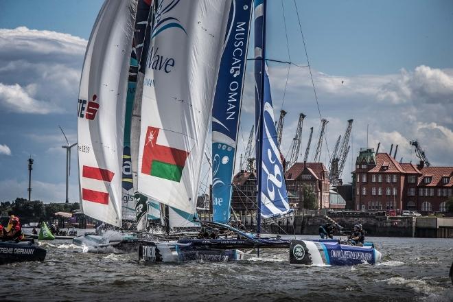 Act 5 - Hamburg. The Wave, Muscat skippered by Leigh McMillan (GBR) and crewed by Sarah Ayton (GBR), Pete Greenhalgh (GBR), Ed Smyth (NZL), Nasser Al Mashari (OMA) - 2015 Extreme Sailing Series ©  Jesus Renedo http://www.sailingstock.com