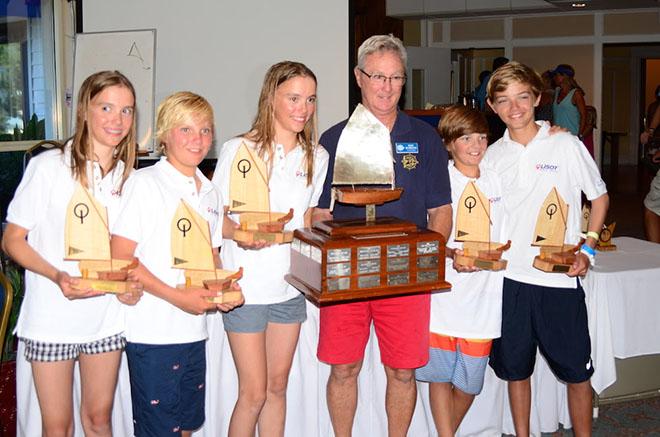 The Long Island Sound Opti Team. LISOT Black, won the USODA Team Race National Championship in Pensacola, Florida. They came out on top of the 26 team, 118 sailor competition defeating Brenton Cove of Newport RI 3-0 in the finals. The top four teams from each circle had a sail off Tuesday and the top two sailed the finals for the coveted Russell Trophy as the USODA Team Race National  Champion. LISOT Black earned a berth in the  Opti Worlds in Berlin in October. PYC Commodore Alan McMillan prese © Talbot Wilson