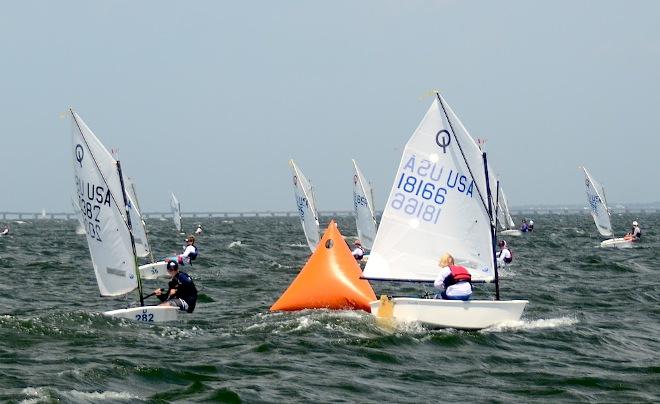 Brice Tone (L) of Sarasota Yacht Club with 2-5-3-2 and 12points. He trails Max Anker of Riverside YC LISOT  around the weather mark in racing Friday - 2015 USODA National Championship © Talbot Wilson