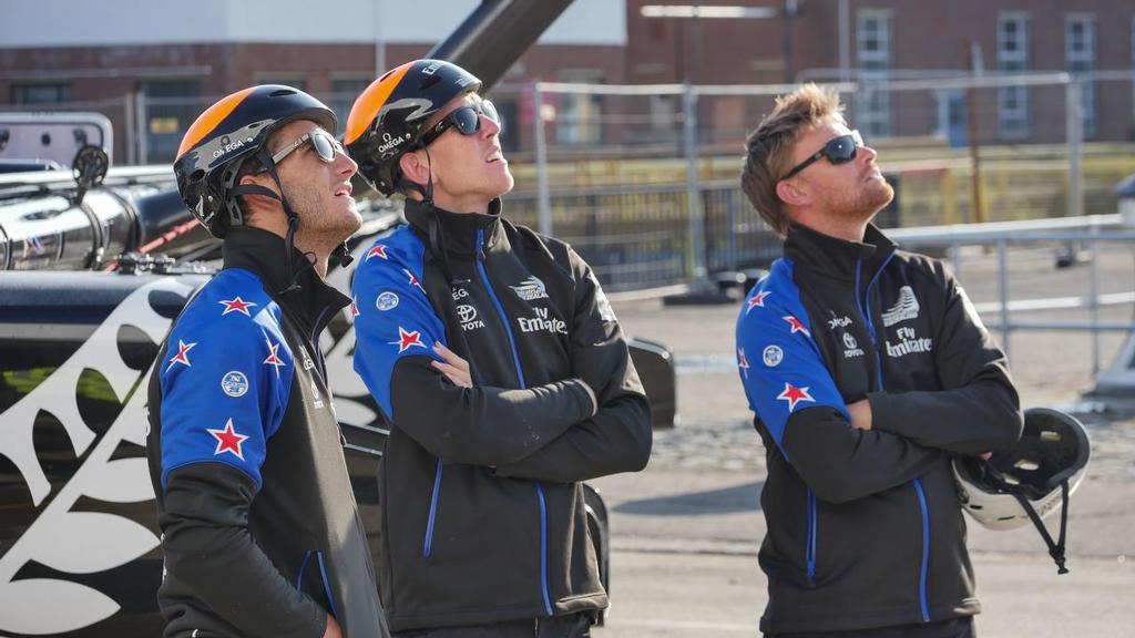 Helmsman Peter Burling, Trimmer Blair Tuke and rigger James Gordon prepare the boat before sailing on race day one at the Louis Vuitton America's Cup World Series event in Portsmouth, UK &copy; Hamish Hooper/Emirates Team NZ http://www.etnzblog.com