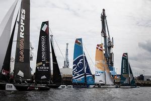 The fleet line up to start on the River Elbe in Hamburg - Extreme Sailing Series™ Act Five photo copyright Matt Knighton/Softbank Team Japan http://www.americascup.com taken at  and featuring the  class