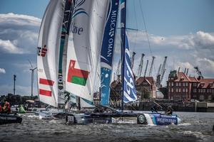 Act 5 - Hamburg. The Wave, Muscat skippered by Leigh McMillan (GBR) and crewed by Sarah Ayton (GBR), Pete Greenhalgh (GBR), Ed Smyth (NZL), Nasser Al Mashari (OMA) - 2015 Extreme Sailing Series photo copyright  Jesus Renedo http://www.sailingstock.com taken at  and featuring the  class