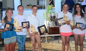Carmen Cowles (right of Trophy) won the 2015 USODA Girls National Championship and puts her name on the Maggie Wake Perpetual Trophy and her twin sister Emma was second to her (left of the trophy). Rounding out the top five slots were Ariana Fernandez (R) from Guayaquil, Ecuador in third and Sarah Burn ( 2nd from L) of Short Hills New Jersey in fourth and Claire Housey (L) of New Orleans in fifth. photo copyright Talbot Wilson taken at  and featuring the  class