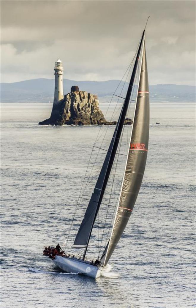 Maxi 72 MOMO (USA) passing the Fastnet Rock - 2015 Rolex Fastnet Race &copy;  Rolex/ Kurt Arrigo http://www.regattanews.com