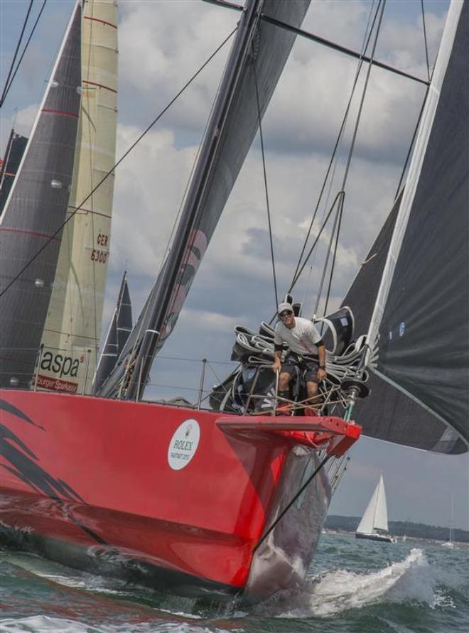 Bow action on Jim Clark's COMANCHE (USA) - 2015 Rolex Fastnet Race ©  Rolex/Daniel Forster http://www.regattanews.com