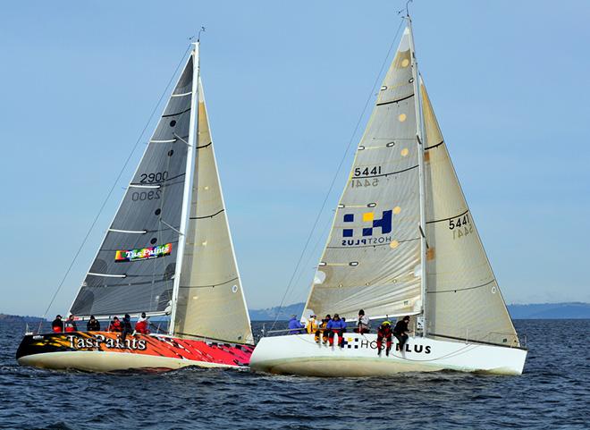 Mumm 36 Host Plus (white hull) and Tas Paint crossed the fnish 11 seconds apart. © Peter Watson