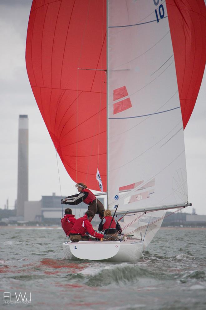 Mark Thornburrow, Laurence Mead, Libby Watkins and Lauren Mead on their way to winning the 2015 Etchells Invitational Regatta © Emma Louise Wyn Jones Photography