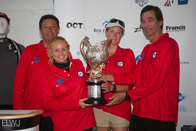L-R: Mark Thornburrow, Libby Watkins, Lauren Mead and Laurence Mead with the Royal Thames Yacht Club's 141-year-old Gertrude Cup © Emma Louise Wyn Jones Photography