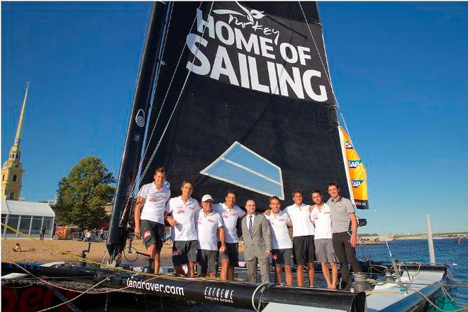 Team Turx are joined by Alper Ozkan, Counsellor at the Turkish Embassy in Moscow and Extreme Sailing Series Event Director Andy Tourell - 2015 Extreme Sailing Series © Mikhail Boyarskov