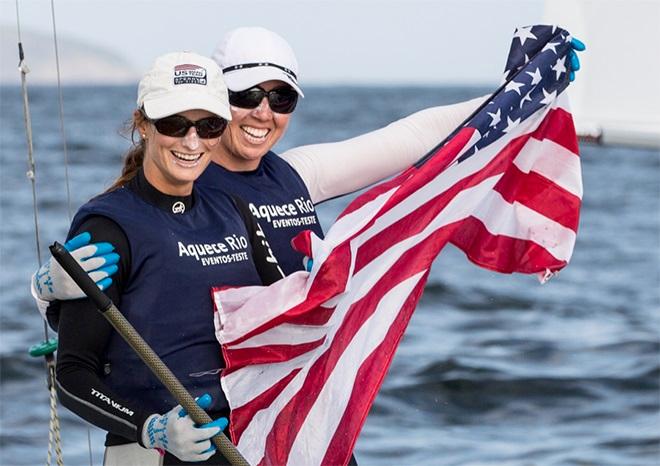 Annie Haeger (East Troy, Wisc.) and Briana Provancha (San Diego, Calif.), Women's 470 gold medalists at the 2015 Olympic Test Event. Photo: Onne van der Wal. © USSailing