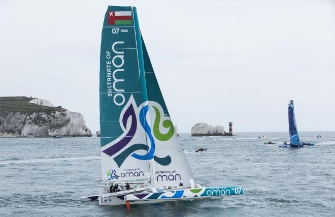 Sultanate of Oman MOD70 Trimaran skippered by Sidney Gavignet (FRA) shown here at the start - 2015 Rolex Fastnet Race © Lloyd Images