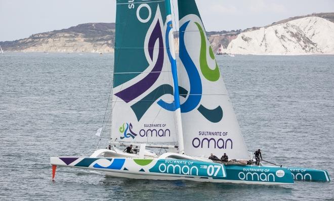 Sultanate of Oman MOD70 Trimaran skippered by Sidney Gavignet (FRA) shown here at the start - 2015 Rolex Fastnet Race © Lloyd Images