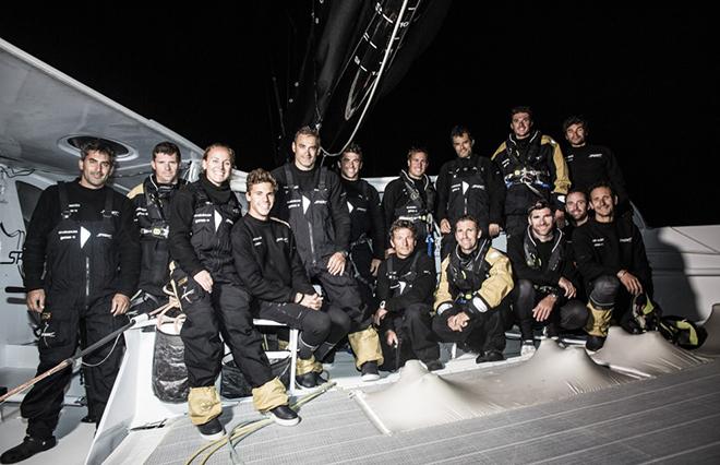 Rolex Fastnet 2015. Pictures of the 131ft Maxi Trimaran Spindrift 2 skippered by Yann Guichard (FRA) and Donna Beraterelli (Sui) pictured taking line honours as the cross the finish line this evening © Mark Lloyd http://www.lloyd-images.com