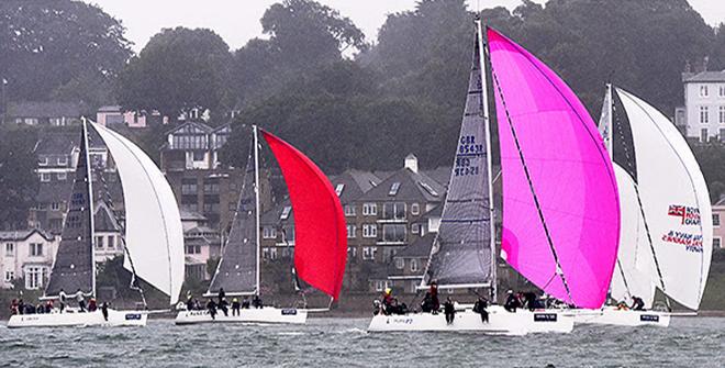 Santa Barbara resident John Demourkas at the helm of Groovederci (bow number nine) jockeys for position on the starting line in 2014 - 2015 Rolex Farr 40 North American Championship ©  Rolex/Daniel Forster http://www.regattanews.com