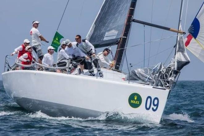 Santa Barbara resident John Demourkas at the helm of Groovederci (bow number nine) jockeys for position on the starting line at the 2014 Rolex Farr 40 North American Championship ©  Rolex/Daniel Forster http://www.regattanews.com