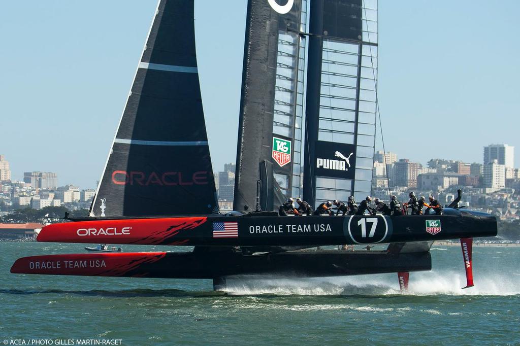 Approximately only 20% of the forward part of the exterior of the hull has to be constructed in the country of origin of the team's club. In AC72 terms this means the section of the bow from the word ``Oracle`` forward has to be constructed in the country of the team's club photo copyright ACEA /Gilles Martin-Raget taken at  and featuring the  class