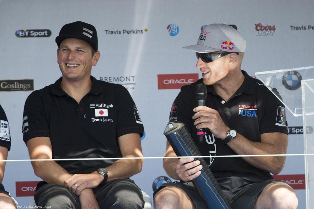 Jimmy Spithill holds a legal AC45 Kingpost in Portsmouth presented by Emirates Team NZ © ACEA /Gilles Martin-Raget