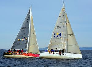 Mumm 36 Host Plus (white hull) and Tas Paint crossed the fnish 11 seconds apart. photo copyright Peter Watson taken at  and featuring the  class
