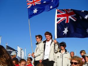 Flag waving members of the Australian team,  with Sam King at the centre. - 2015 Laser 4.7 Youth World Championships photo copyright International Laser Class Association http://www.laserinternational.org taken at  and featuring the  class