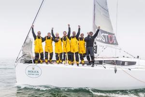 The victorious crew of Courrier Du Leon arrive in Plymouth - 2015 Rolex Fastnet Race photo copyright  Rolex/ Kurt Arrigo http://www.regattanews.com taken at  and featuring the  class