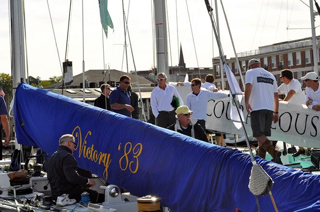 Courageous (white hull) prevailed over Victory ’83 in Modern Division at the 2015 12 Metre North American Championship sponsored by Bai. Courageous also was named the regatta’s overall winner. © SallyAnne Santos
