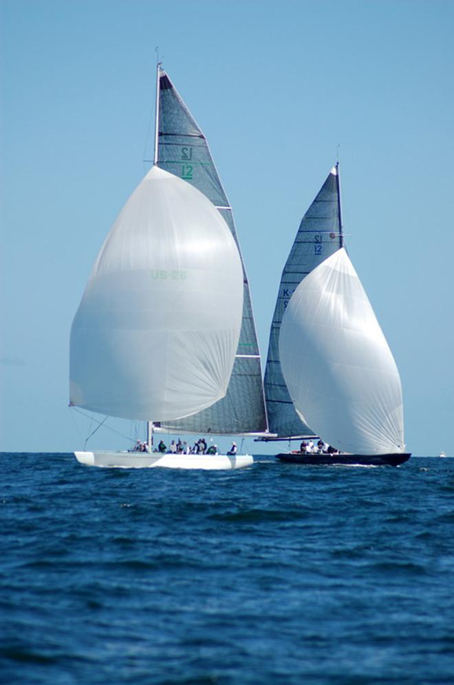 Courageous (white hull) prevailed over Victory ’83 in Modern Division at the 2015 12 Metre North American Championship sponsored by Bai. Courageous also was named the regatta’s overall winner. © SallyAnne Santos