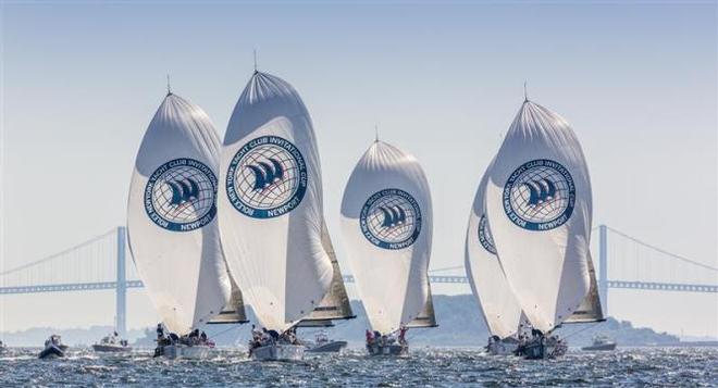 Fleet sailing downwind with Newport Bridge behind - Rolex New York Yacht Club Invitational Cup 2015 ©  Rolex/Daniel Forster http://www.regattanews.com