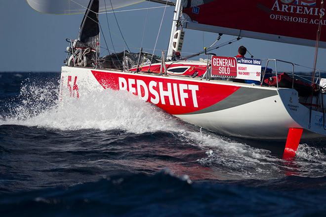 Redshift skipper Nick Cherry surfing downwind towards Menorca © Alexis Courcoux