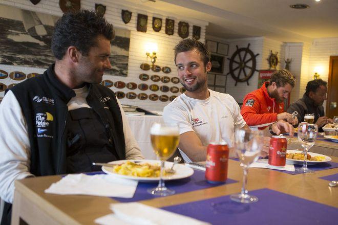 The skippers enjoyed a well deserved beer after the second offshore leg from Nice to Barcelona. Sam Matson (Chatham) finished the leg in eighth, Alan Roberts (Magma Structures) in 14th and Nick Cherry (Redshift) in 15th &copy; Alexis Courcoux