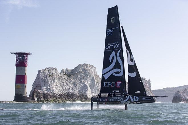 Oman Sail GC32 passing The Needles © Sander van der Borch http://www.sandervanderborch.com