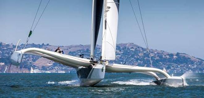 Tom Siebel's trimaran Orion racing at the 2014 Rolex Big Boat Series where it won the Multihull Class. ©  Rolex/Daniel Forster http://www.regattanews.com