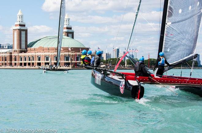 13FIFTY Racing entertains guests onboard during the racing lunch break on Sunday. © Jen Edney