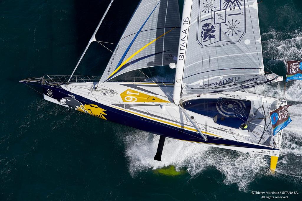 First sail of new IMOCA Mono60 Edmond de Rothschild , skipper Sebastien Josse (FRA), co-skipper Charles Caudrelier (FRA), Lorient August 24, 2015 © Thierry Martinez / Gitana S.A.