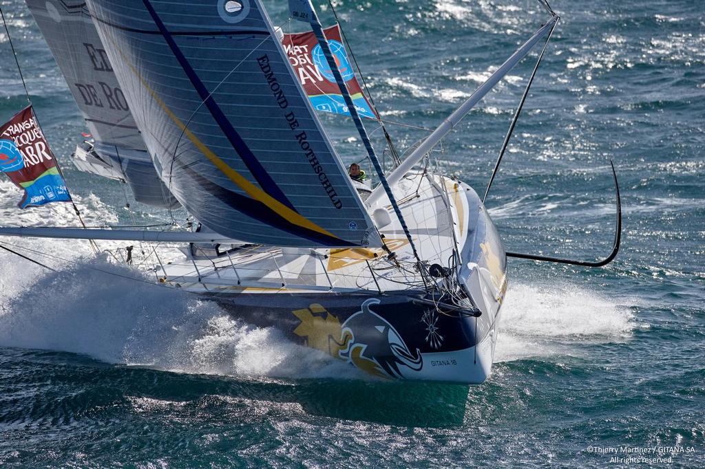 First sail of new IMOCA Mono60 Edmond de Rothschild , skipper Sebastien Josse (FRA), co-skipper Charles Caudrelier (FRA), Lorient August 24, 2015 © Thierry Martinez / Gitana S.A.